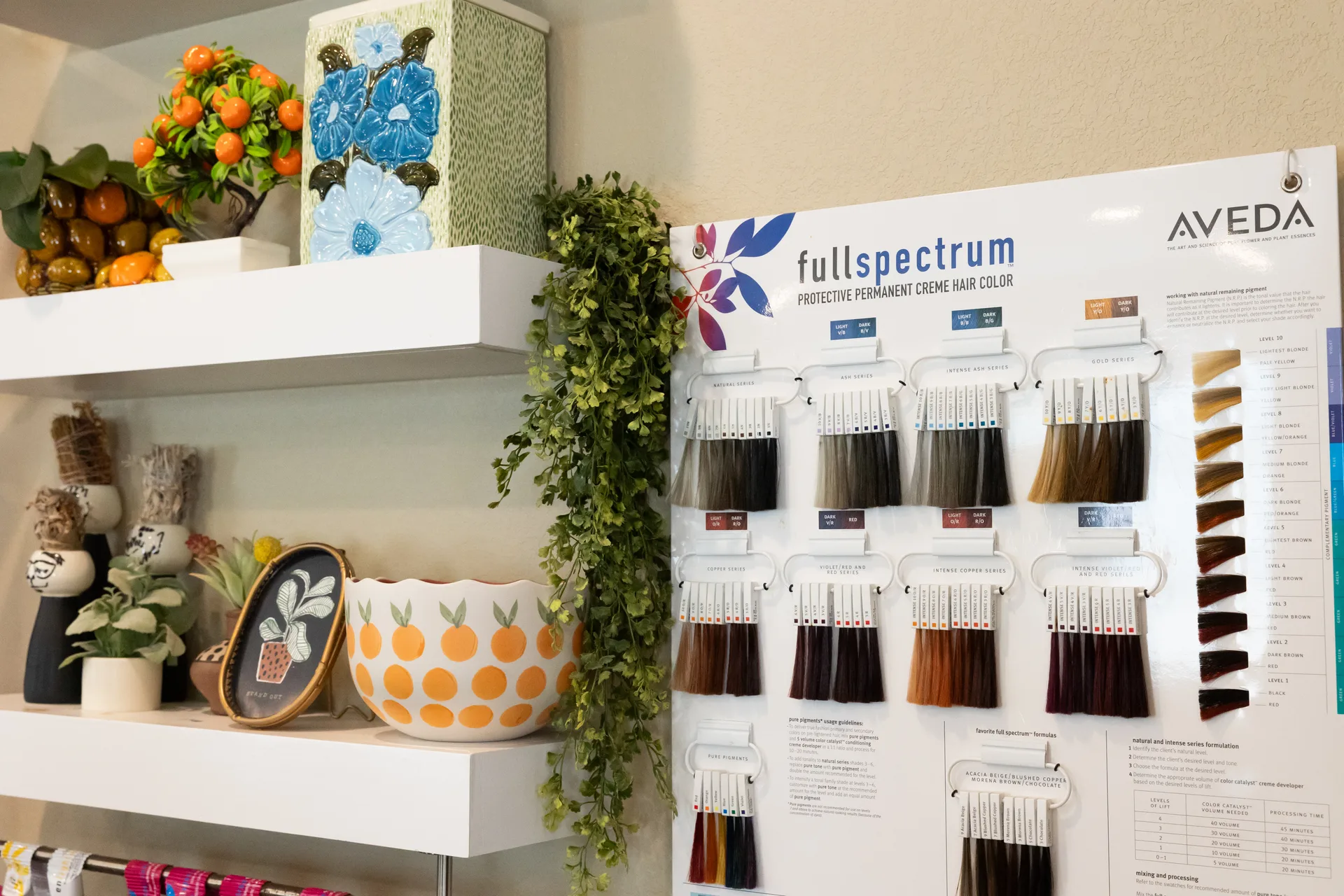 Aveda color products on the color bar at Hart Studios