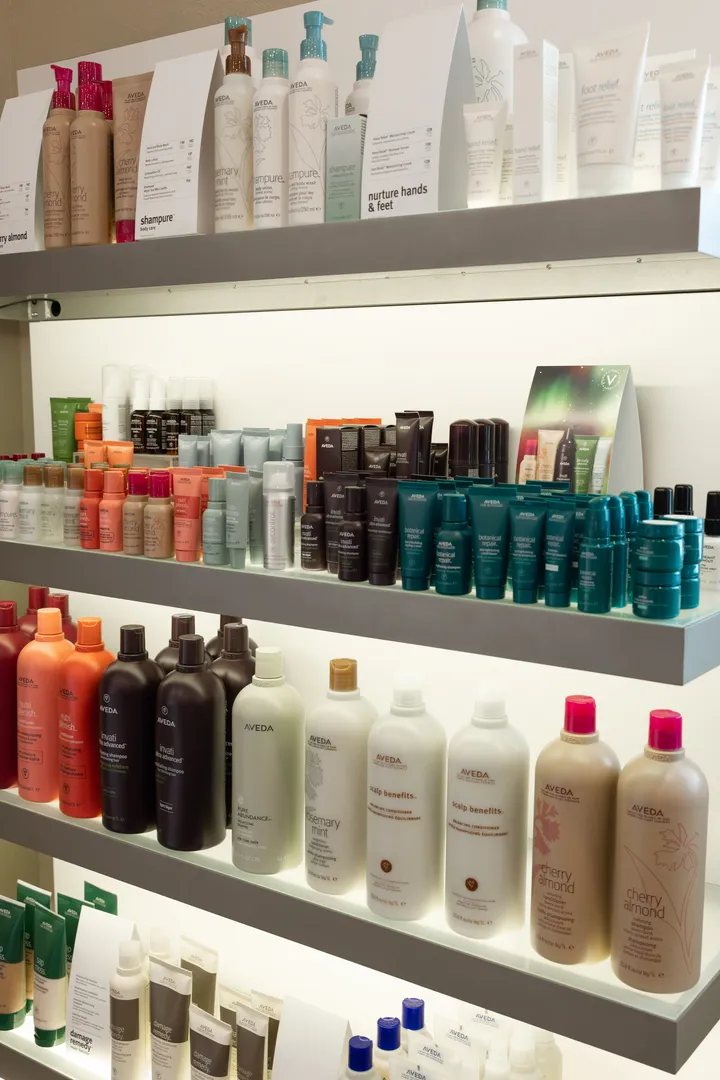 Aveda hair-care products on the Hart Studios shelves