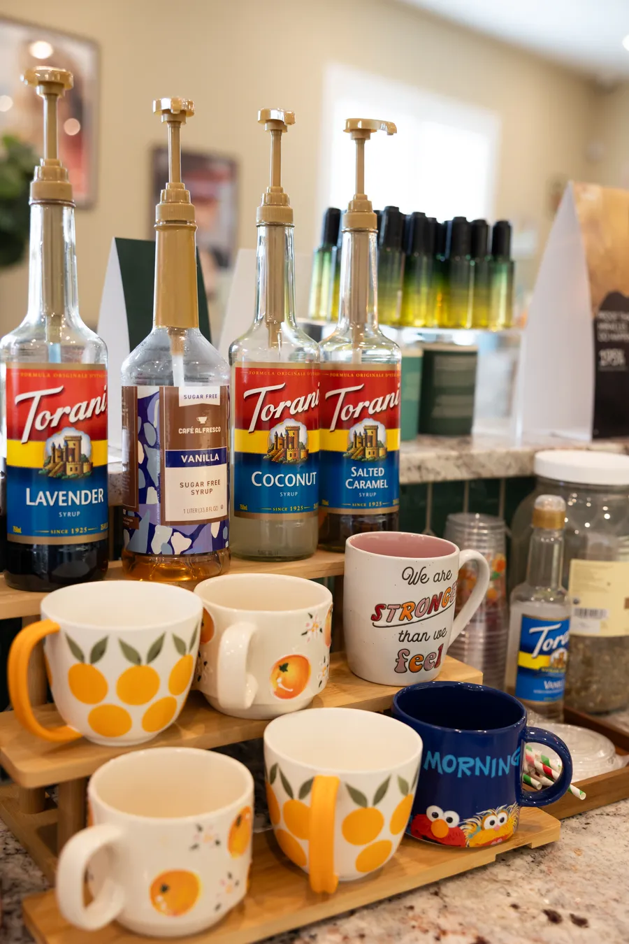 Citrus-print mugs and refreshments ready for Hart guests